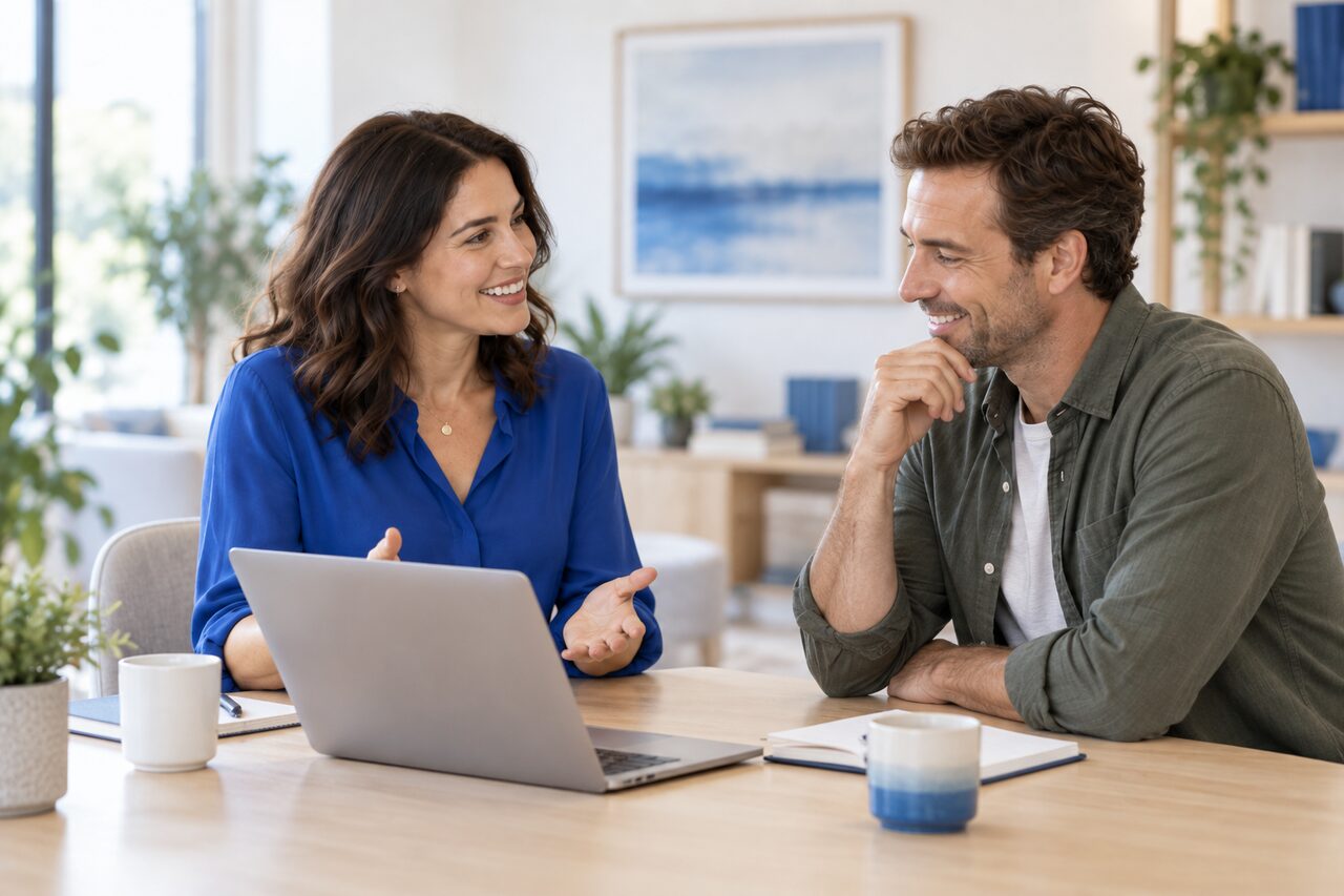 Two colleagues discussing customer questions beside a laptop.