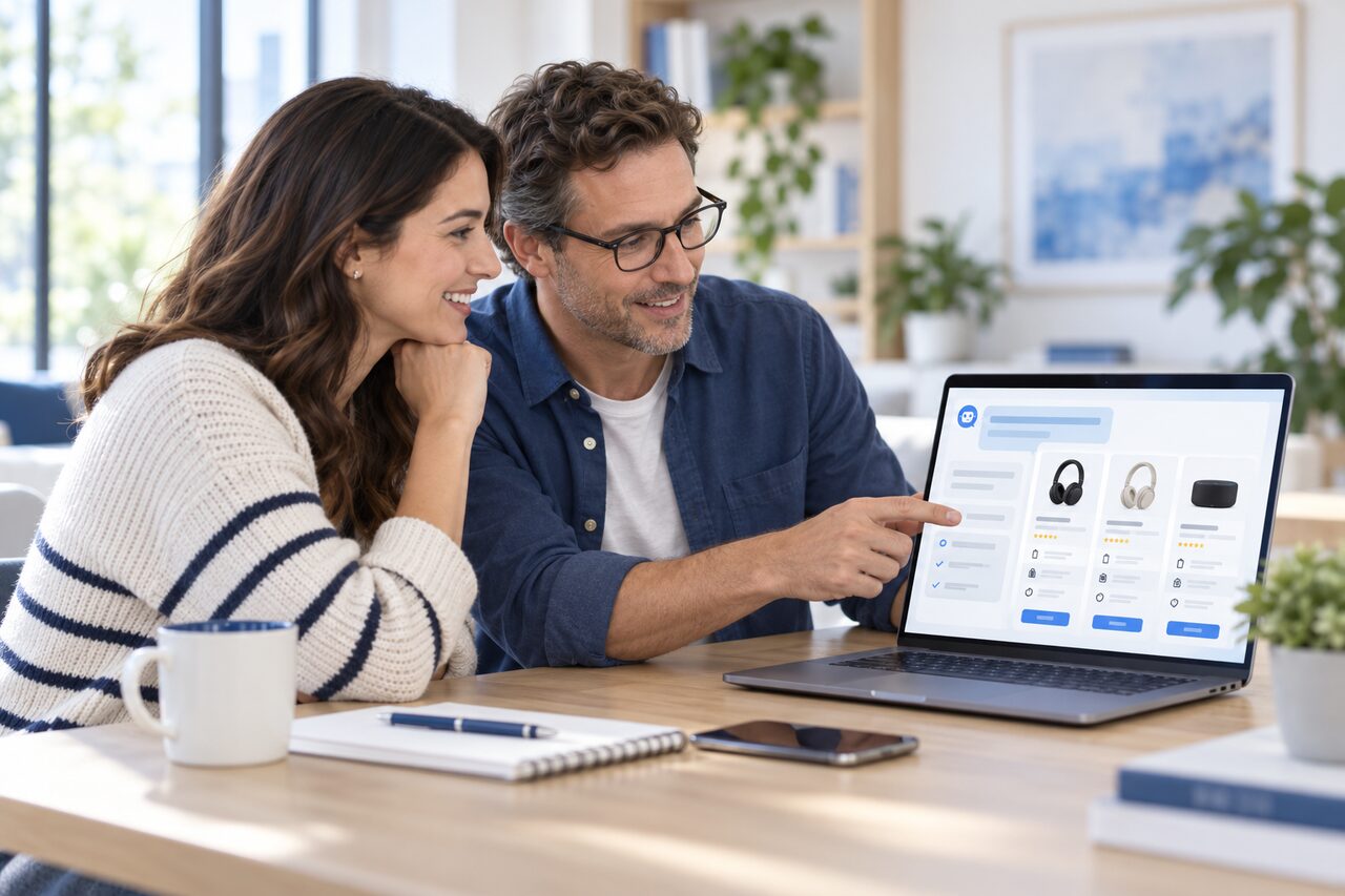 Two customers comparing products on a laptop.