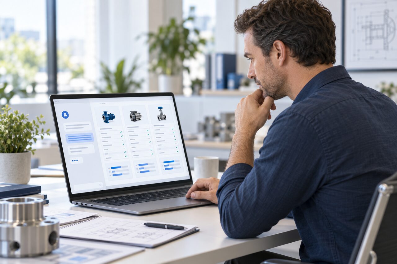 A buyer reviewing technical product options on a laptop.